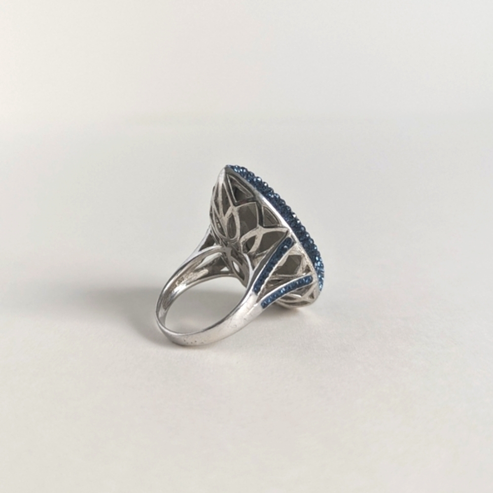 Blue Pear-Shape Facetted Glass Sterling Silver Pave Halo, Shoulders Ring sz9 - Picture 2 of 13